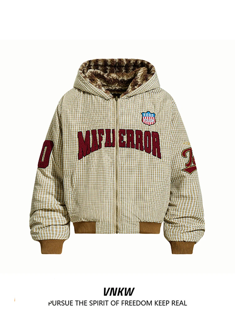 

Двусторонняя одежда, клетчатая хлопковая куртка с капюшоном и вышивкой букв, мужская зимняя пушистая свободная теплая хлопковая верхняя одежда, пальто