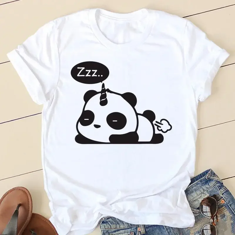 Camiseta de manga curta para as mulheres, roupas casuais, estilo panda, doce e adorável, moda, verão