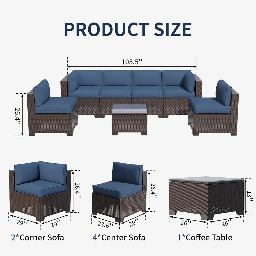 7 Piece Wicker Patio Sofa Set with Tempered Glass Table for Backyard Deck Garden, Dark Brown & Navy Blue, Custom