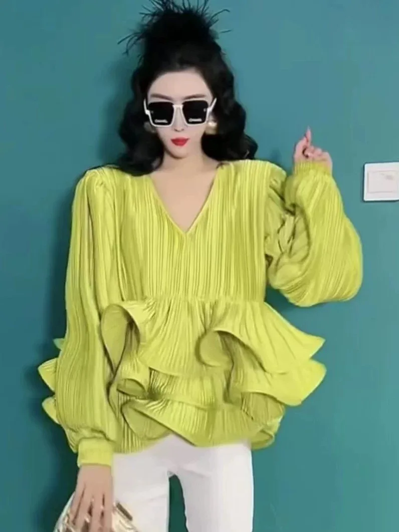 

Waist Belt Ruffles Flounce Hem Tops Women Long Lantern Sleeve Shirts Lady Social Charming Blouse Pleated Fold Satin Silky Tops