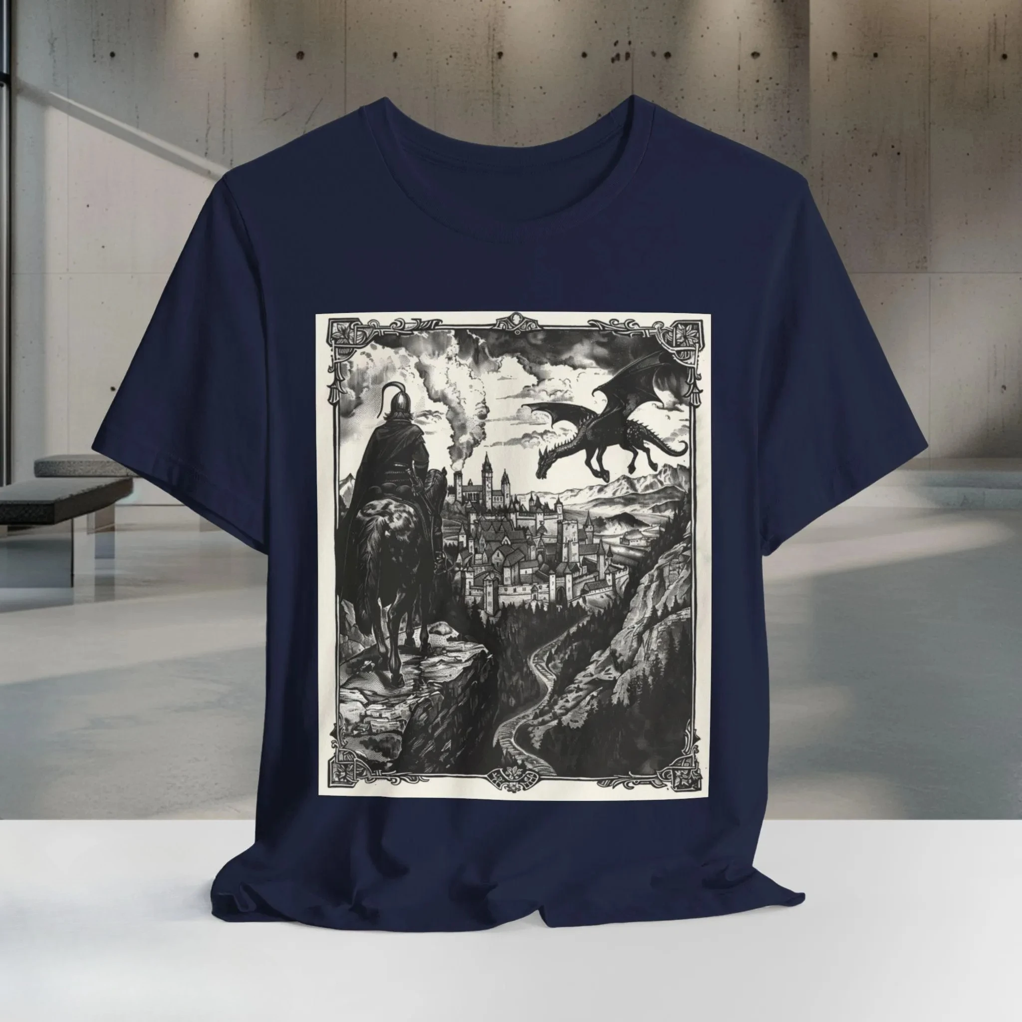 Medieval Knight and Dragon Shirt Fantasy Castle Battle Scene Tee Dark Fantasy Art T-Shirt Bella Canvas Men Clothing