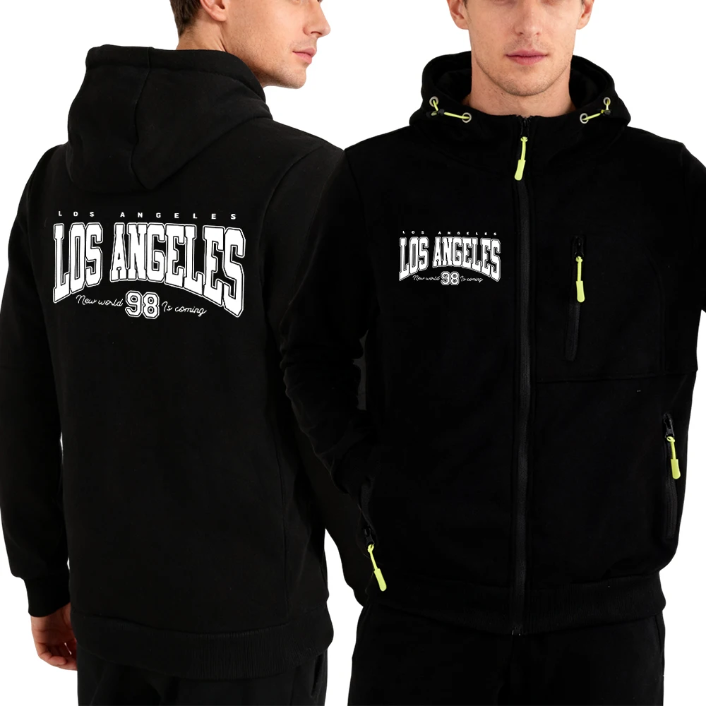 

Los Angeles New World Is Coming Print Zipper Hoody Man All-Match Fleece Sportswear Casual Hooded Autumn Comfortable Zip-Up