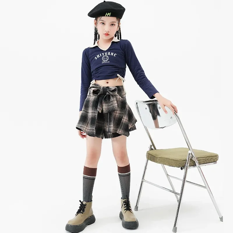 Hip Hop Costumes Girls Fashion Navy Blue Long Sleeve Crop Top Plaid Short Skirt Sets Children's Jazz Dance Clothes Stage Outfits