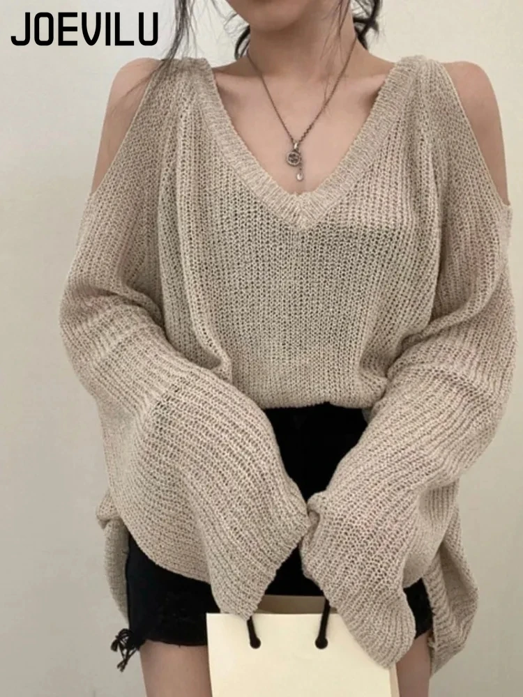 JOEVILU Knitted Sweater V-neck Off Shoulder Pullover Jumper Casual Sunscreen Cover Up Korean Fashion Streetwear Hollow Blouses