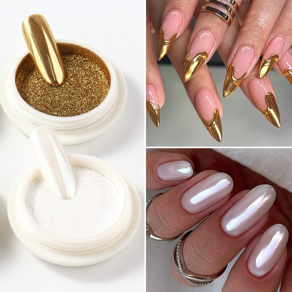 6 piezas de polvo de uñas blanco espejo cromado, pigmento dorado y plateado, holográfico, aurora, iridiscente, metálico, decoración de arte de uñas 5