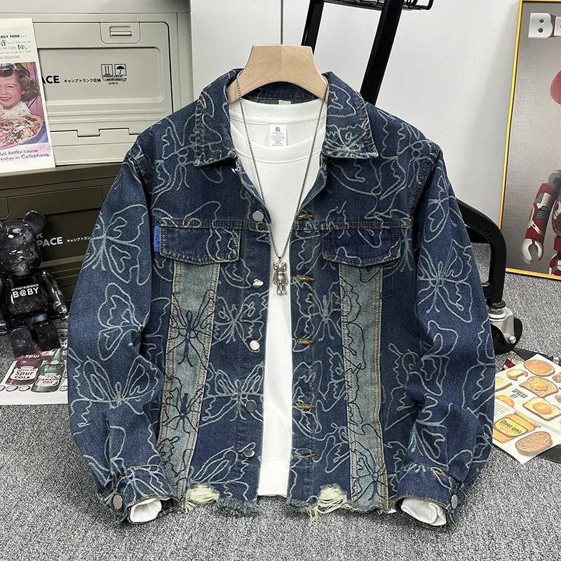 

Винтажная американская свободная мужская джинсовая куртка с вышивкой, весенне-осенняя, модная брендовая одежда, молодежная повседневная верхняя одежда