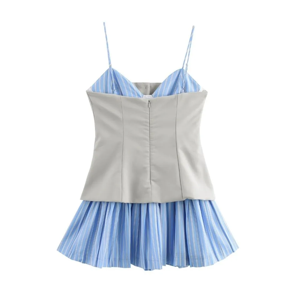 

Striped Sleeveless Dress Teenagers Adolescent Blue Color Suspenders Short Skirt Patchwork Wide Pleated Casual