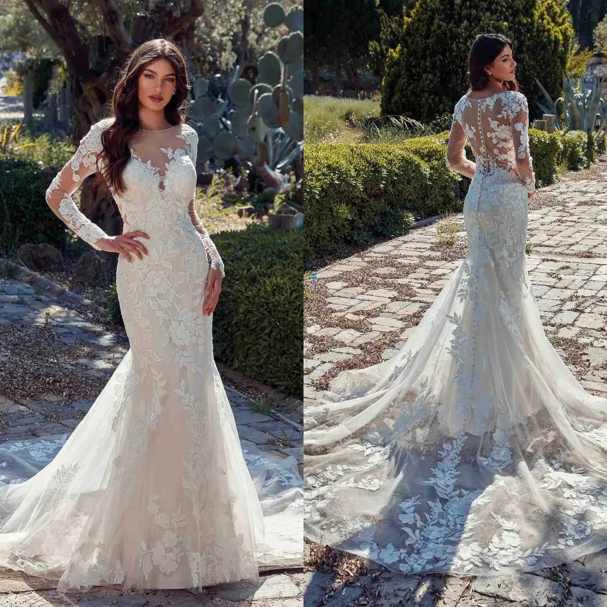 

Romantic Mermaid Wedding Dresses Full Lace Sheer Neck Bridal Gowns Sexy Long Sleeves See Thru Back Customized Vestidos De Mariee