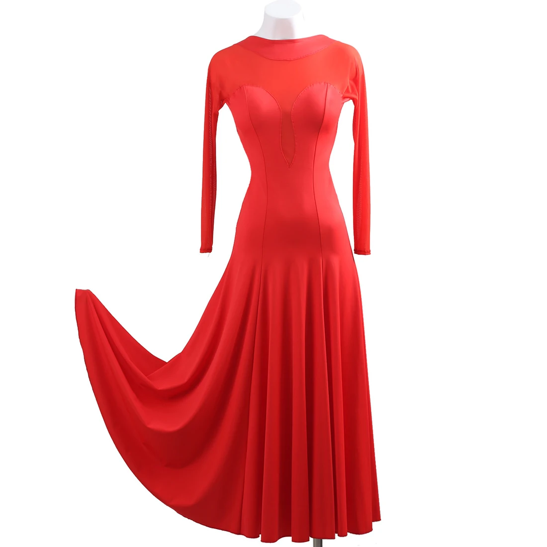 Nuevo Vestido de Danza Moderna para Mujer, Rojo, de Malla, Ajustado, con Gran Vuelo, Profesional, para Práctica de Baile de Salón