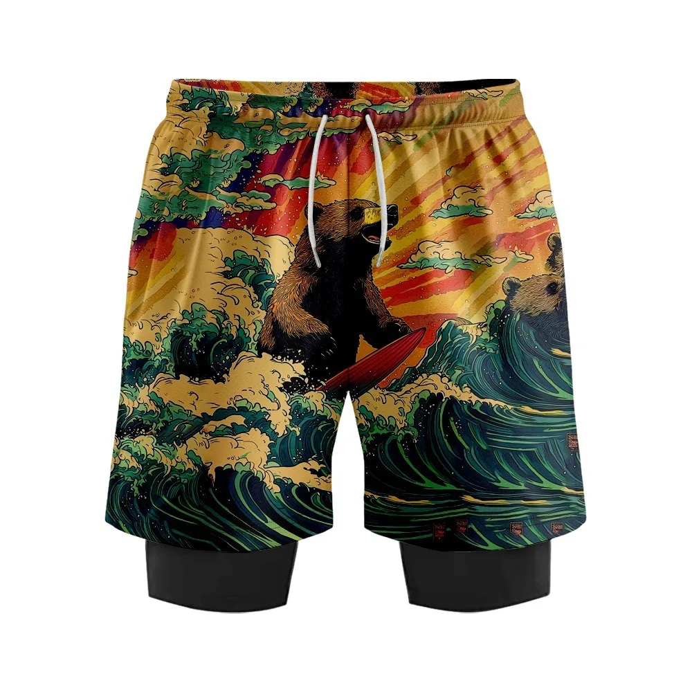 

Surfing Growling Bear Summer Men Basketball Shorts with Inner Liner Quick-dry Sports Shorts Cute Husky Fitness Shorts Beachwear