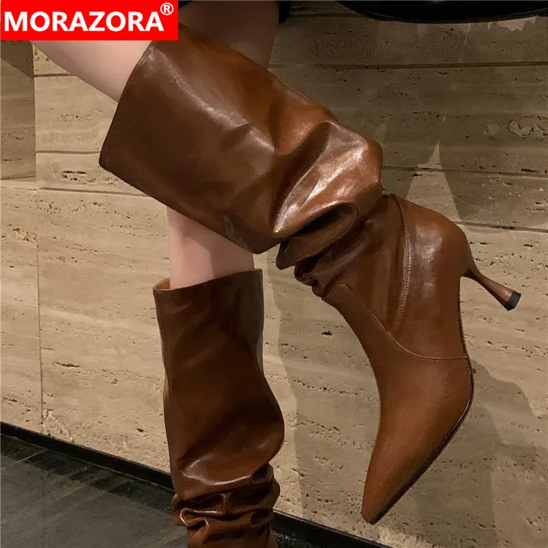 

MORAZORA 2024 New Slip On Over The Knee Boots Pleated Genuine Leather Boots For Women Top Sale Thin High Heels Winter Boots