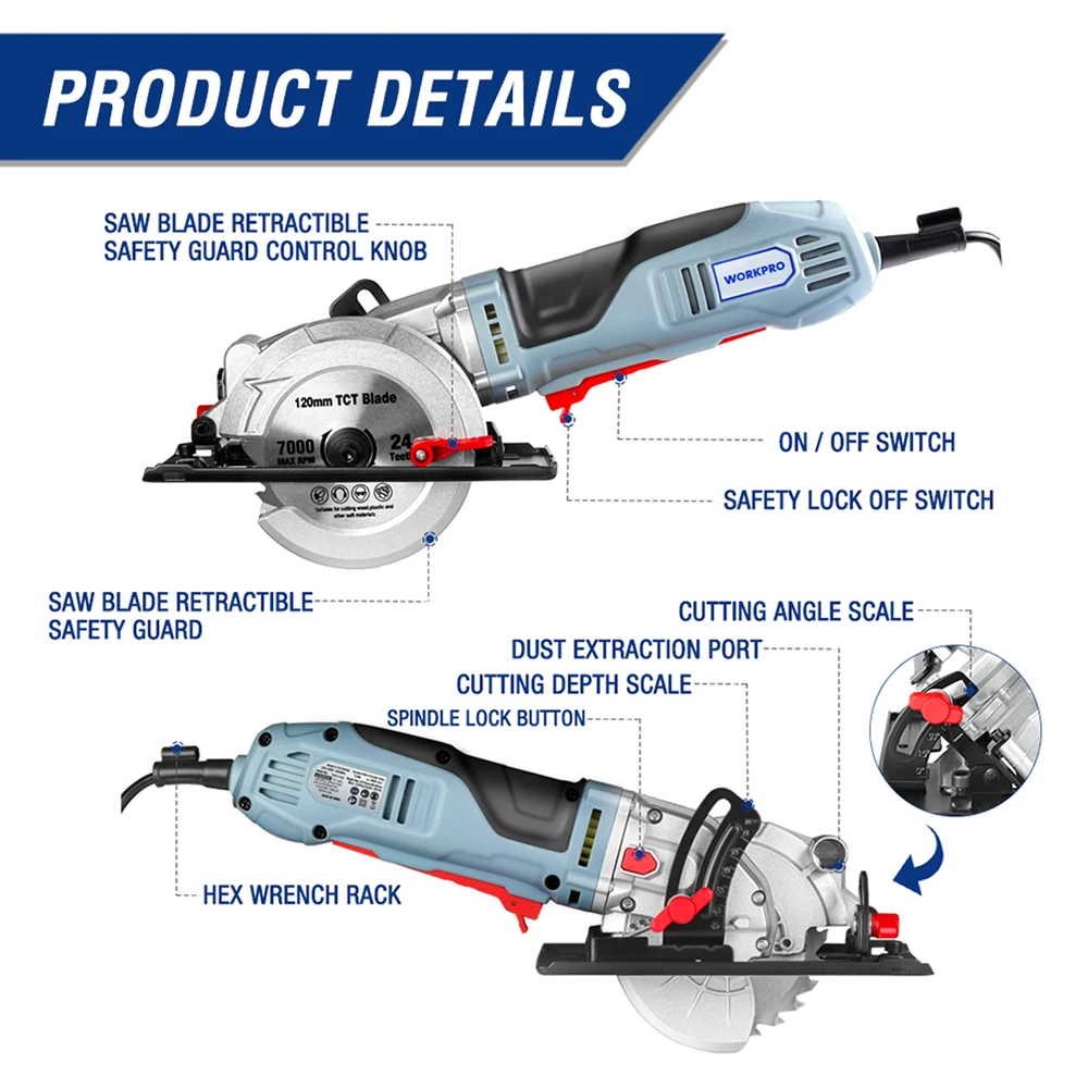 WORKPRO Electric Mini Circular Saw 710W Multifunctional Electric Saw With TCT Blade and Diamond Blade Sawing Machine Power Tools