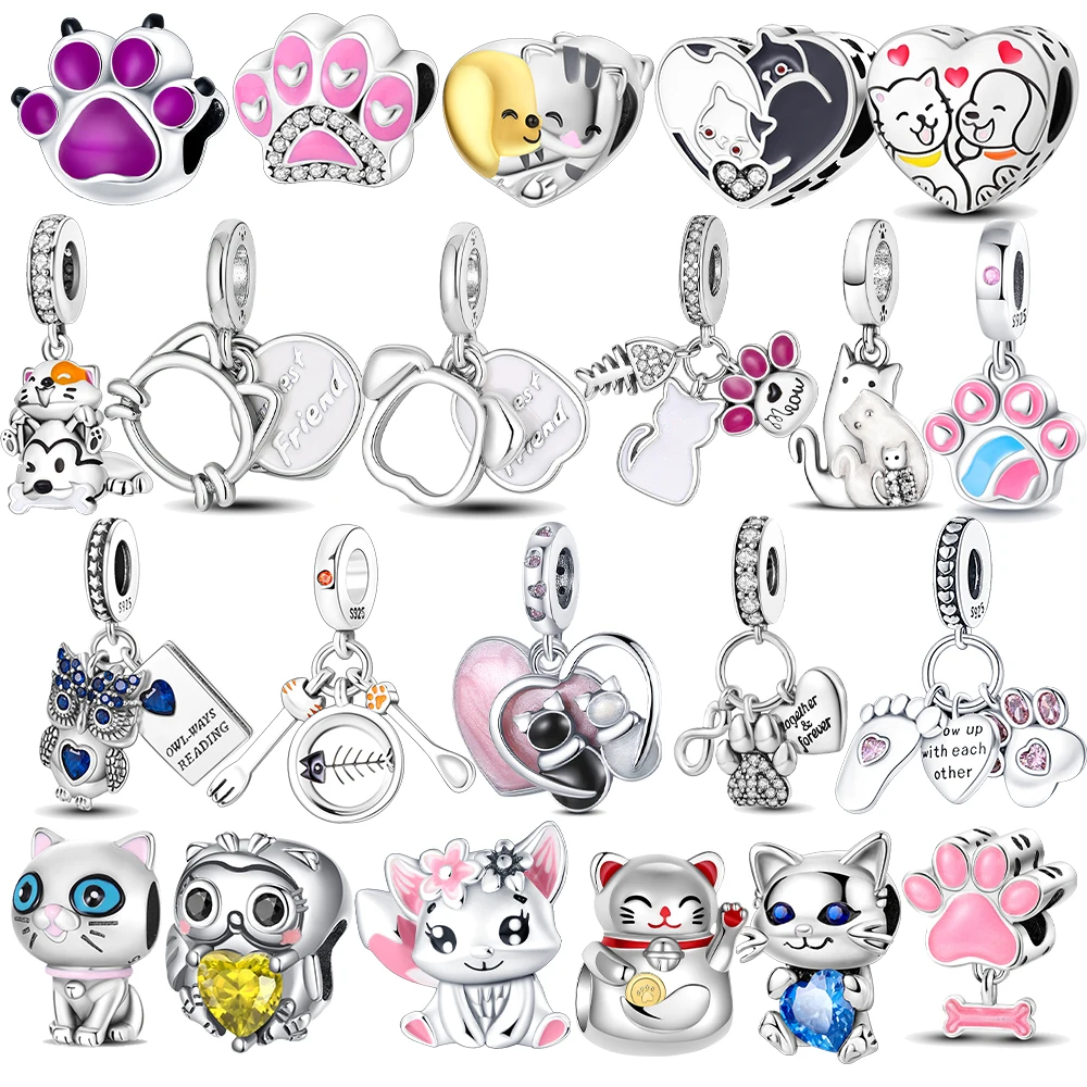 

925 sterling silver lucky cat pink footprint pendant charms fit original Pandora bracelet charm bead necklace Diy female jewelry