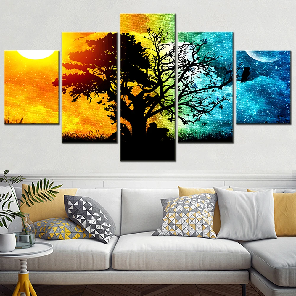 Abstract Lover Night and Day Tree Landscape Painting Modular Wall Art Canvas Set Modern Room Decor Picture Home Decoration Art