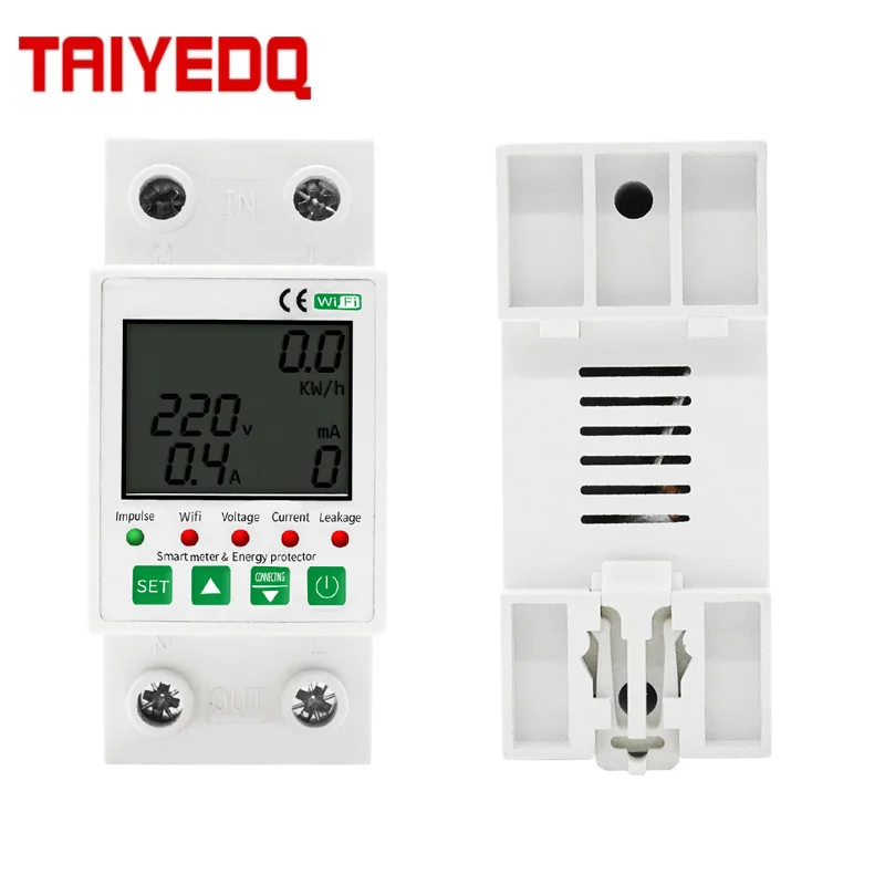 2P 63A TUYA APP Din Rail WiFi Smart Circuit Earth Leakage Over Under Voltage Protector Relay Device Switch Power kWh Meter