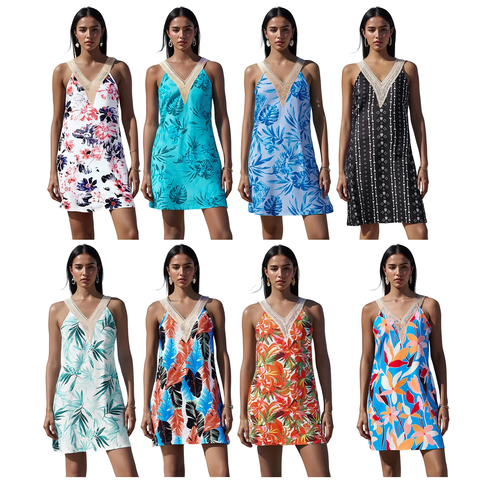 Abito canotta bohémien da donna Mini abito estivo senza maniche con scollo a V rifinito in pizzo Abito aderente e svasato