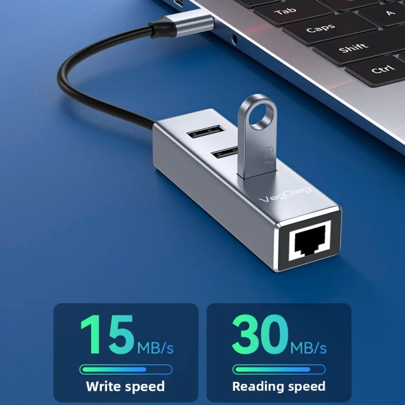 

USB-хаб Type-C 4-в-1: USB-C на 3 порта USB 2.0 + адаптер Ethernet RJ45 для ноутбуков Macbook и Windows