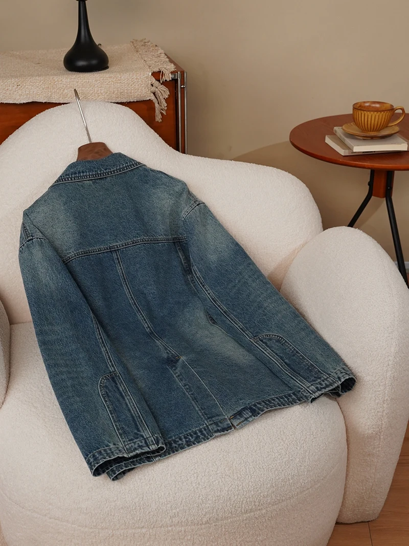 

Retro Waed Distred Denim Sle Loose Casual Versatile Daily Korean Version Spring Autumn Workwear Jaet Denim Coat