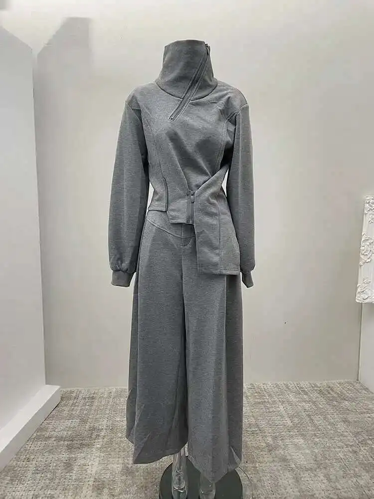 BJTZ عادية غير النظامية 2 قطعة مجموعة المرأة 2025 ربيع الخريف العصرية الوقوف طوق سستة تصميم مقنعين عالية الخصر بنطال ذو قصة أرجل واسعة