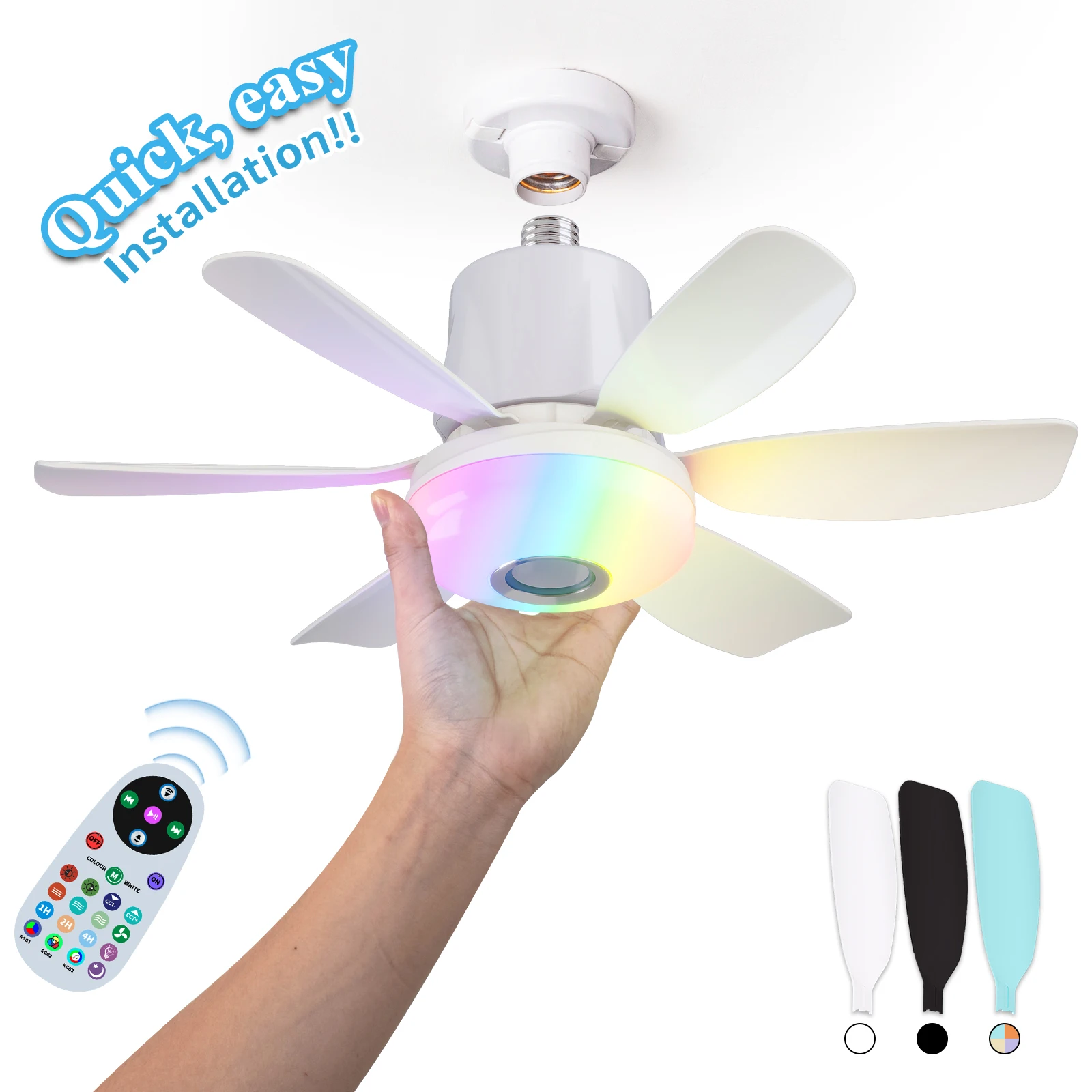 Smart RGB Rainbow Music Rhythm Speaker LED Ceiling Fan with Light- Remote Control Socket Fan Light