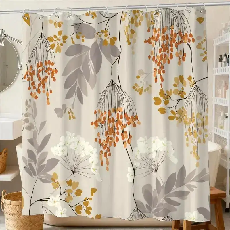 

Autumn leaf pattern shower curtain with 12 hooks, polyester fabric, machine washable, suitable for bathroom décor.