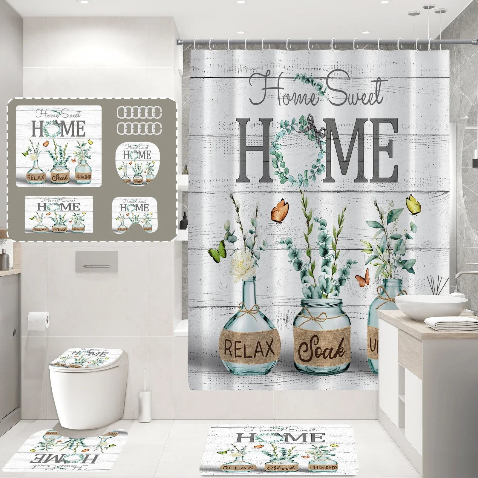 

"4PCS Ocean Themed Bath Set: Blue Wave Shower Curtain, Non-Slip Mat, Toilet Lid Cover & Seat Pad - Coastal Bathroom Decor"