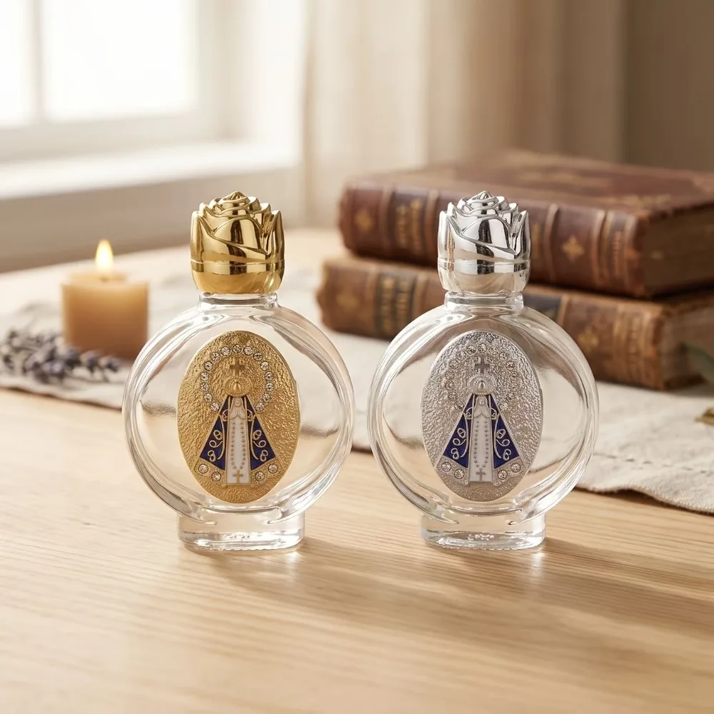 Lot de 2 à 12 flacons en verre pour eau bénite de 15 ml avec capuchon métallique rond doré ou argenté, rechargeables, pour baptême, mariage, Pâques, cadeau religieux ou d'église