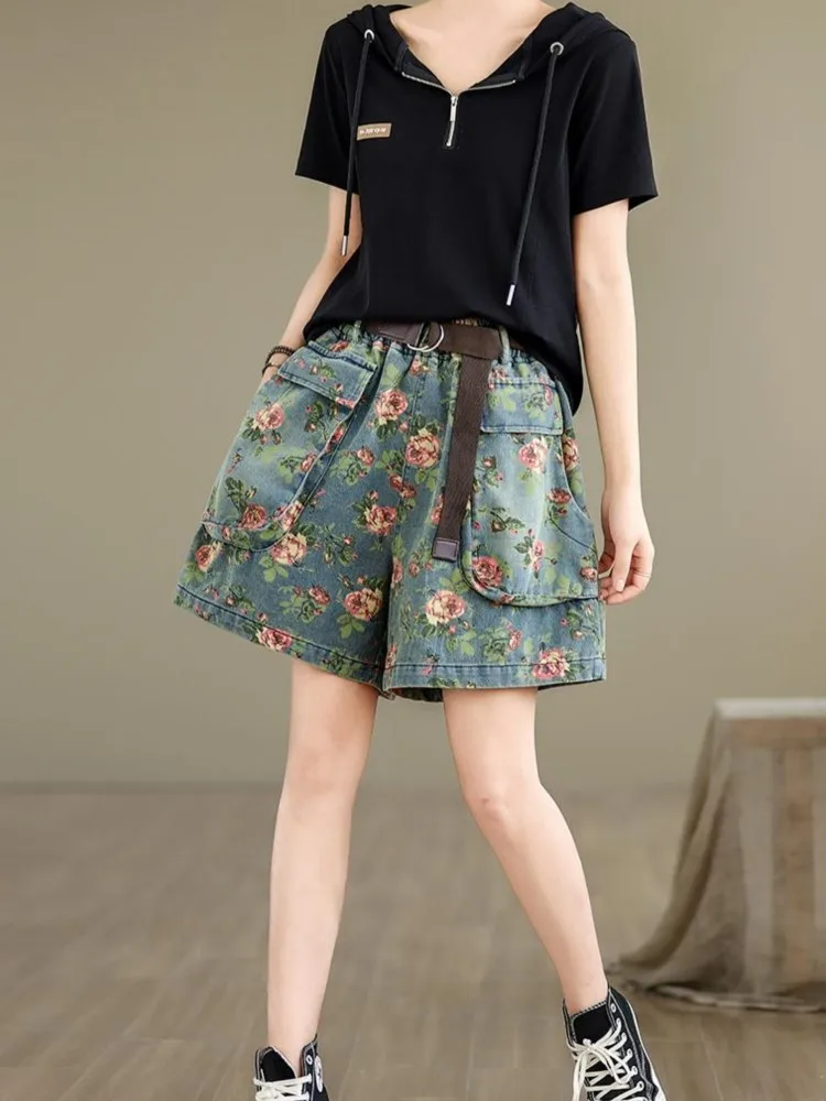 Jeans Summer Flower Print Mini Wide Leg Shorts Women Casual Modis Loose Ladies Trousers Ruffle Pleated Woman Elastic Waist Short