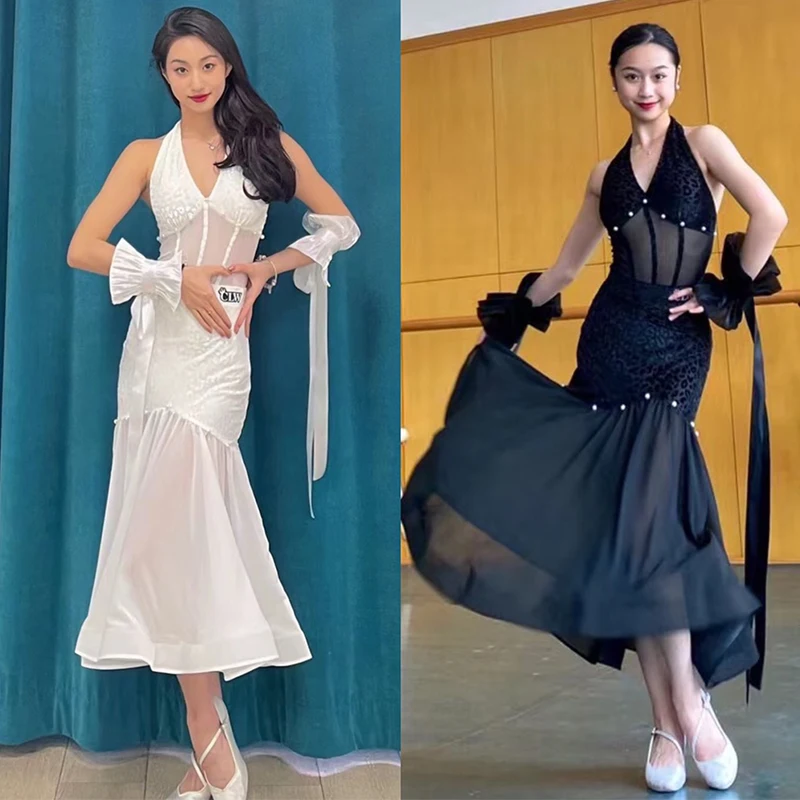 Halter Neck Ballroom Dance Dress Women Sleeveless Pearl V Neck Modern Dance Costume Waltz Performance Clothes Black Dress BL9737