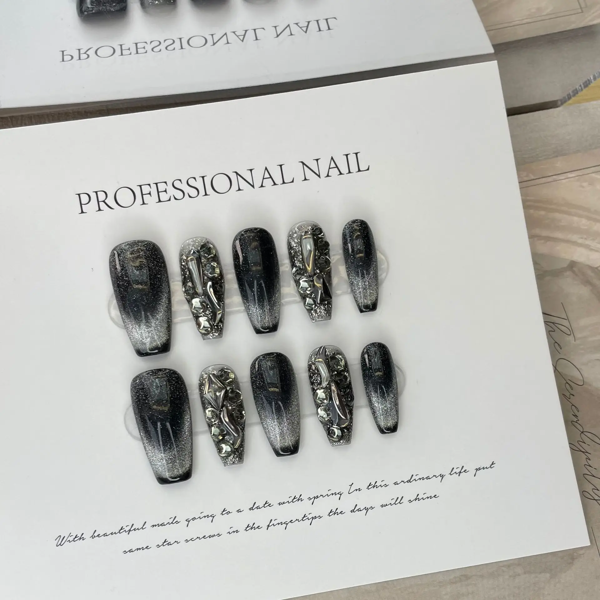 10Pcs Black Fake Handmade Nails with Rhinestone Y2K Cat\'s Eye French Full Cover Nail Art Tips Short Ballet Press on False Nails