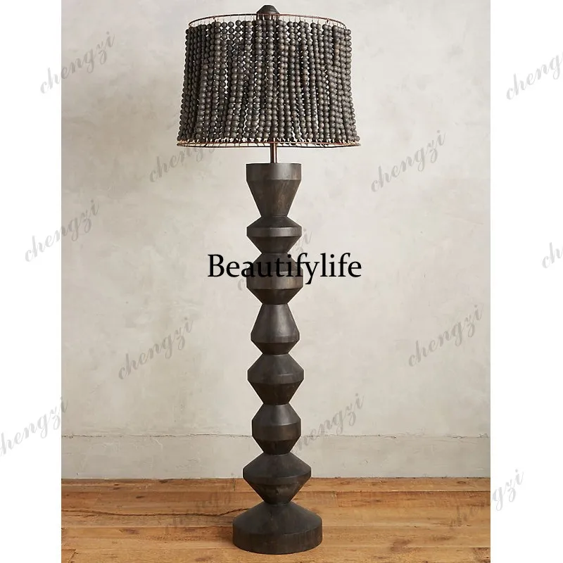 French wood floor lamp feeling handmade beaded lampshade creative retro villa folk living room bedroom table lamp