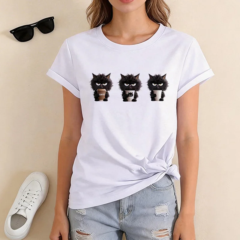 Lustiges T-Shirt mit Kaffeekatzen-Print für Mädchen, lässiges Kurzarm-Oberteil mit O-Ausschnitt für den Sommer, weißes Sommer-T-Shirt für Damen