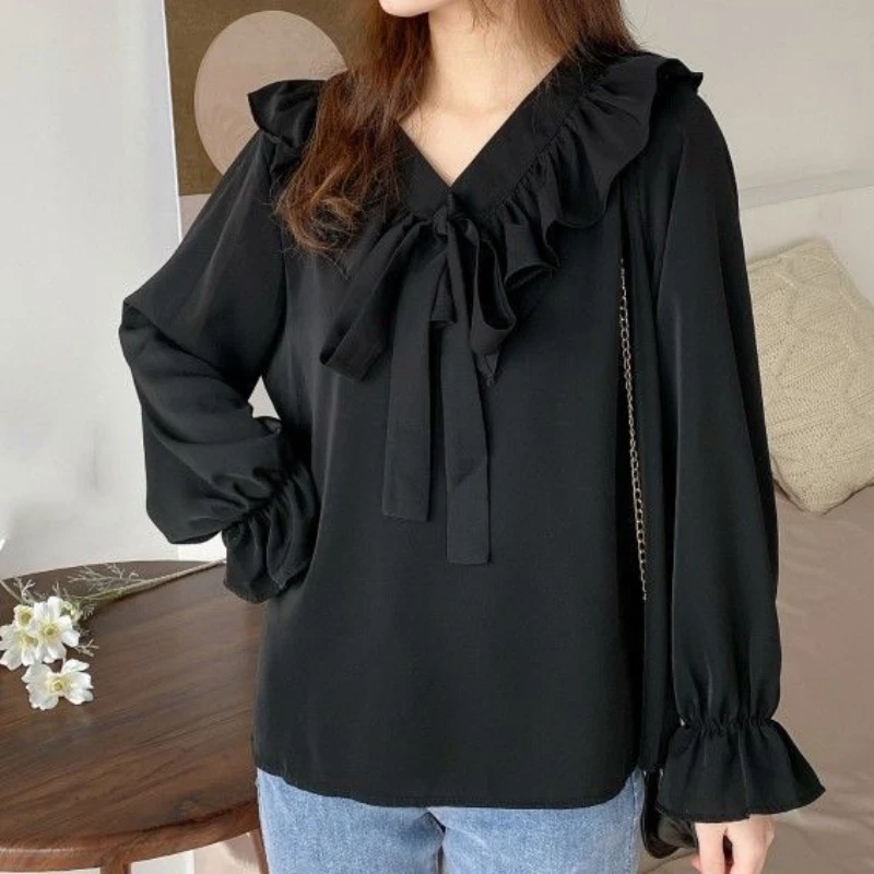 Long-sleeve Blouses Women Ruffles Fashion Sweet Solid Vintage Loose Casual Korean Style Autumn New Students Literary All-match