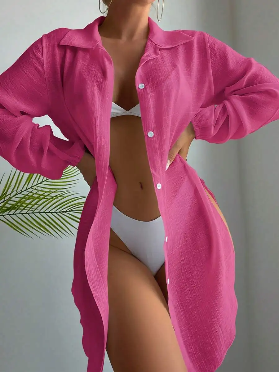 

Womens Long Sleeve Button Up Cover Up Shirt With Back Split For Beach Summer