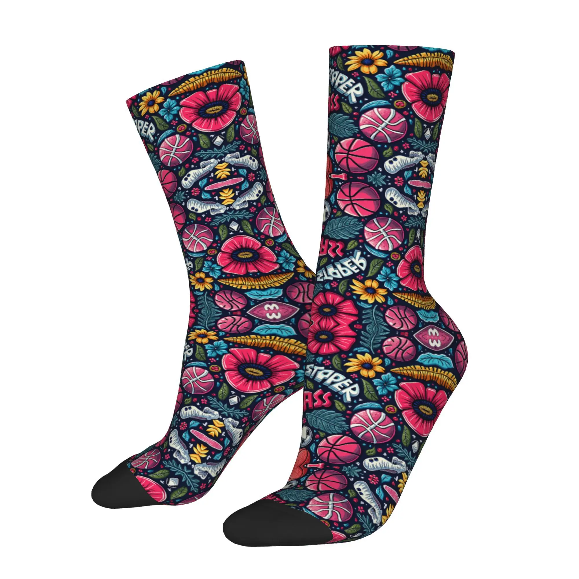 1 Pair Funny Happy Flowers Soccer Ball Basketball Leaves Retro Harajuku  Hip Hop Novelty Pattern Crew Crazy Sock