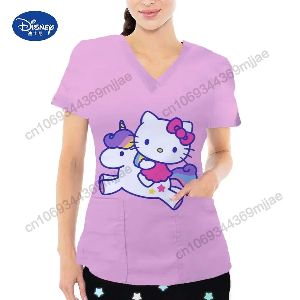 New Cute Hello Kitty Cartoon Pattern Printed Comfortable V-neck Double Pocket Design Women's T-shirt Casual Nurse Dress Y2k Top