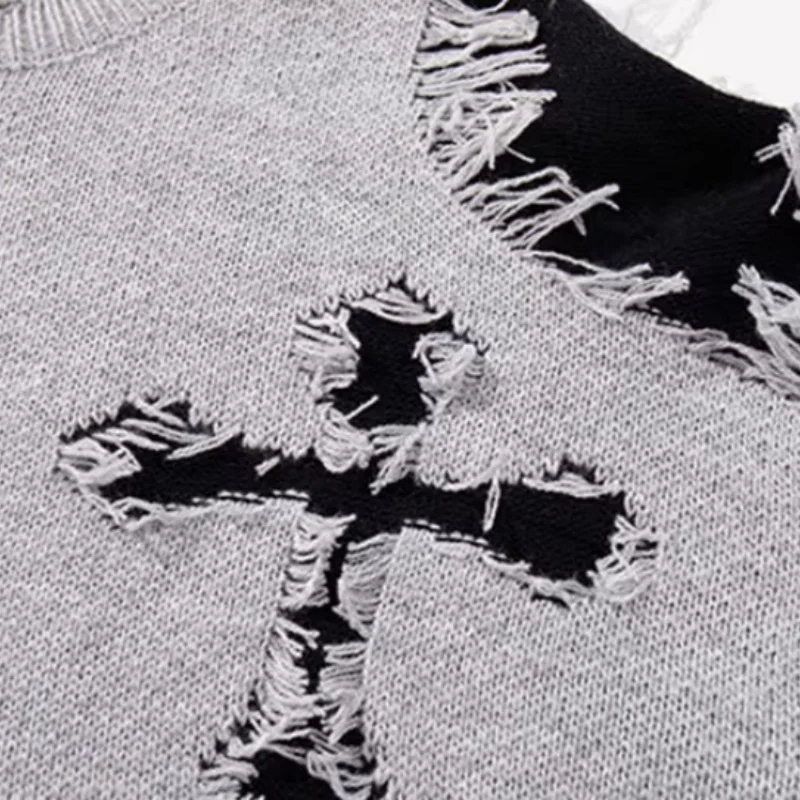 고딕 펑크 유니섹스 니트 스웨터 독특한 다용도 루즈 크루넥 니트 풀오버 디스트레스드 하이 스트리트 커플용 스웨터