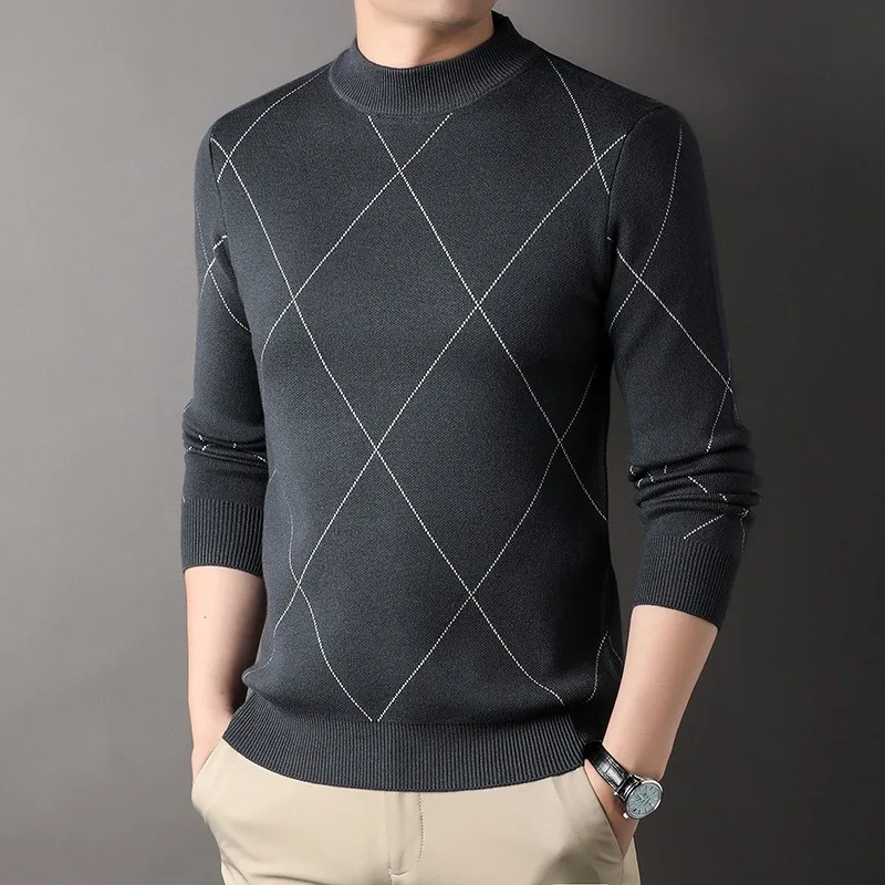 

2023 New Sweaters Diamond Line Underlay Men's Knitted Pullover Fashion Simple Casual Half High Neck Sweater