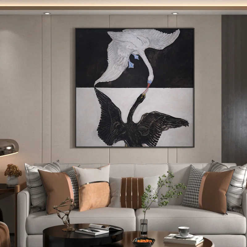 French high-end black and white swan abstract decoration living room study entrance canvas painting