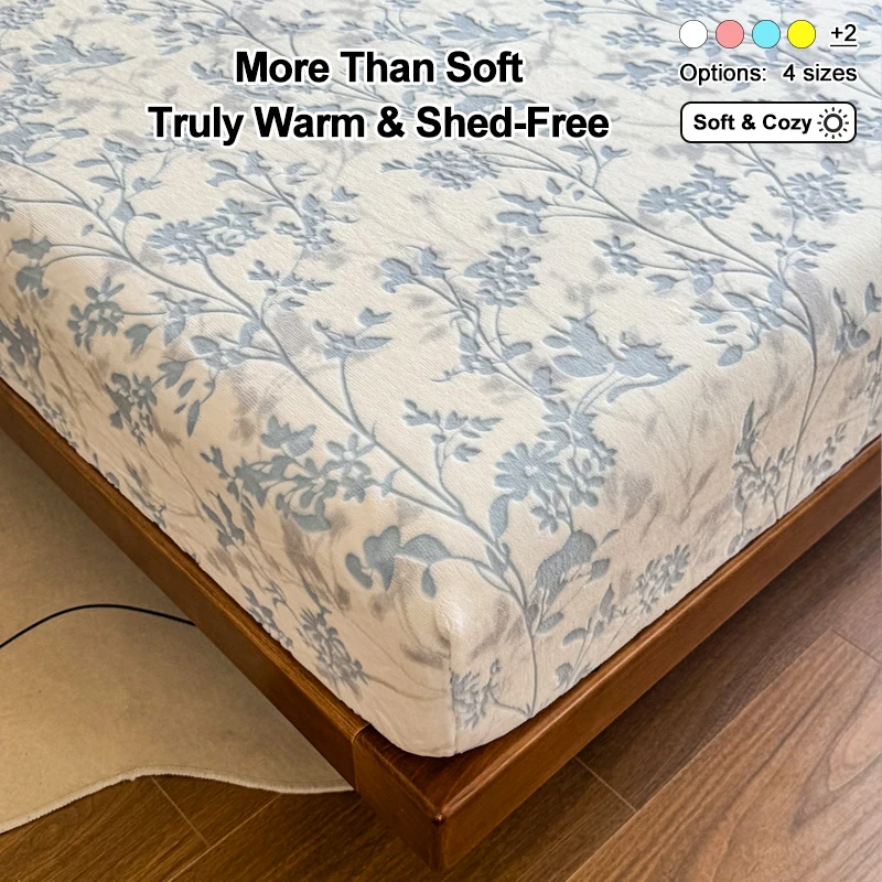Embossed Velvet Fitted Bed Sheet, Shed‑Free Ultra‑Soft Warm Floral Mattress Cover, Stretch Elastic Deep Pocket Bed Protector