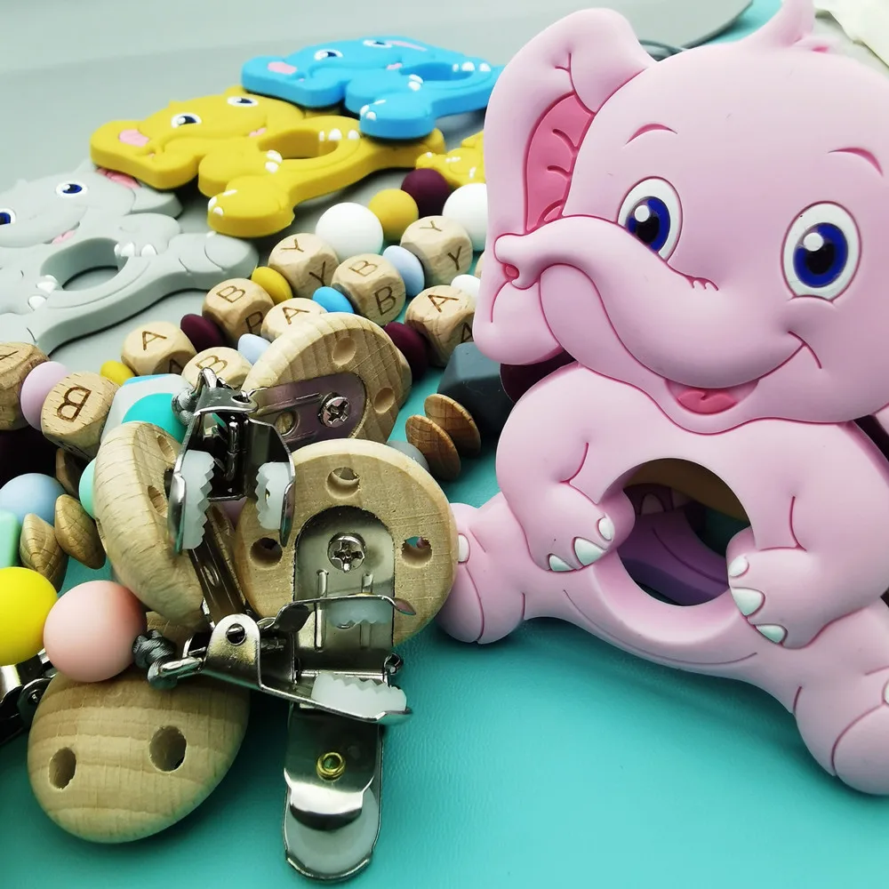 Custom Letter ชื่อ Elephant Pacifier คลิปห่วงโซ่ Teether จี้สำหรับทารก Chew Leash หัวนมผู้ถือ Teether ของขวัญสร้างสรรค์