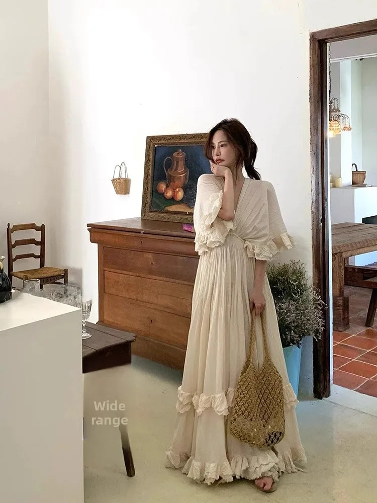 Système de forêt rétro lourd v-ne taille haute Dr printemps été grande jupe ourlet vacances femmes Dr Long Sle trajet vent