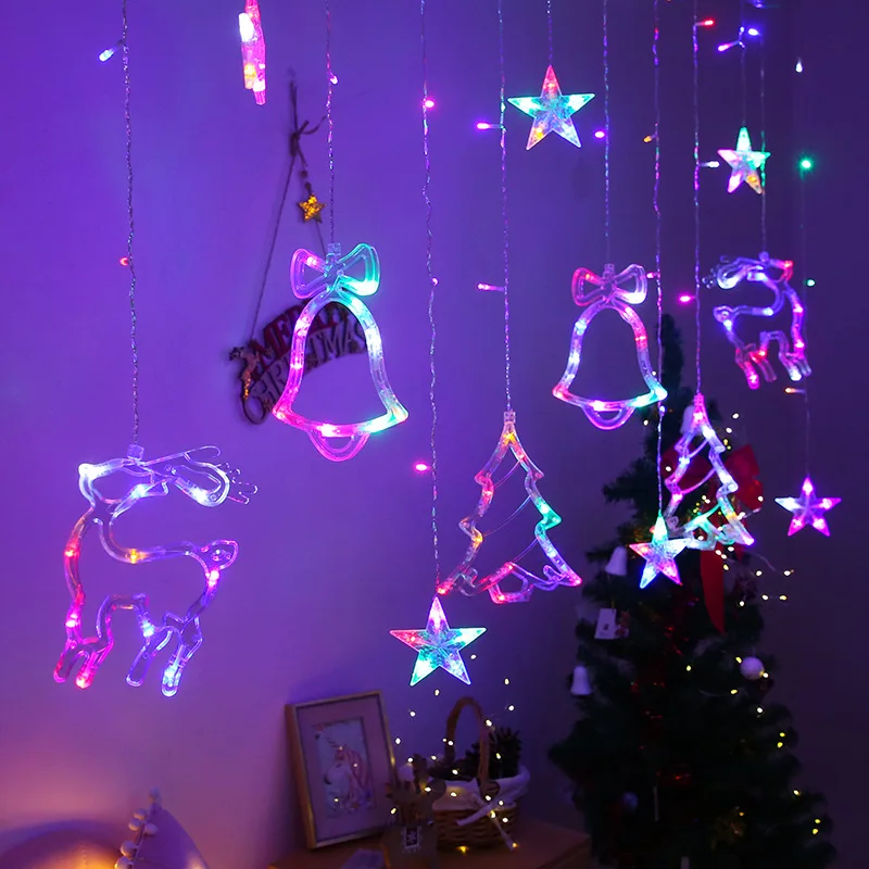 EU Plug LED String Lights Curtain Fairy Light Christmas Decoration Living Room Garden Xmas Tree Deer Bell Chain Lamp