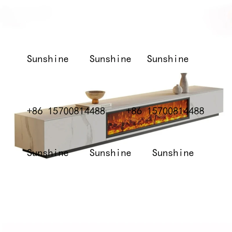 

Solid wood rock slab fireplace TV cabinet Simple solid wood white black simulated flame TV cabinet