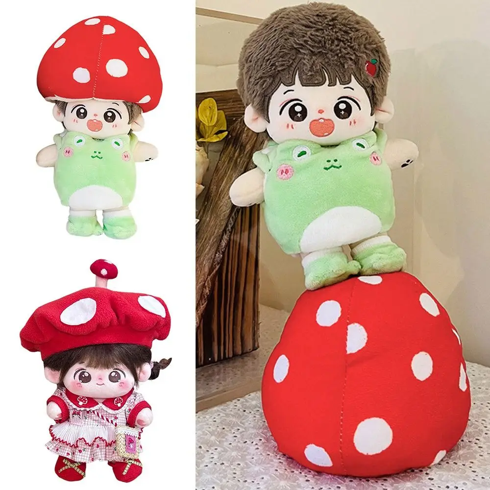 20CM Doll Clothes Red&green Cartoon Mushroom Doll Cap Dress Set Accessories Shoes Bag Replacement Outfit Cotton Stuffed Doll