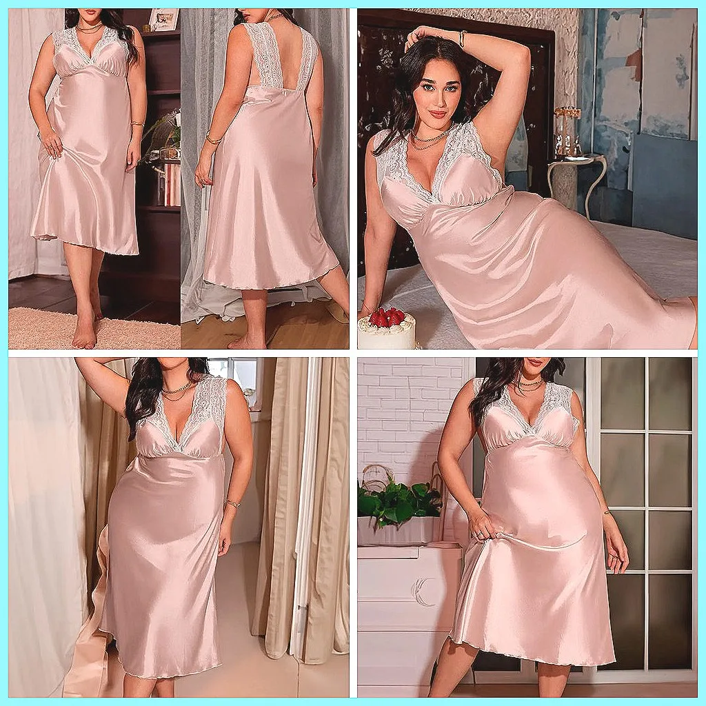 

Sexy Lace Nightgown for Women, Summer V-Neck Sling Sleepwear, Comfortable Plus Size Pajamas