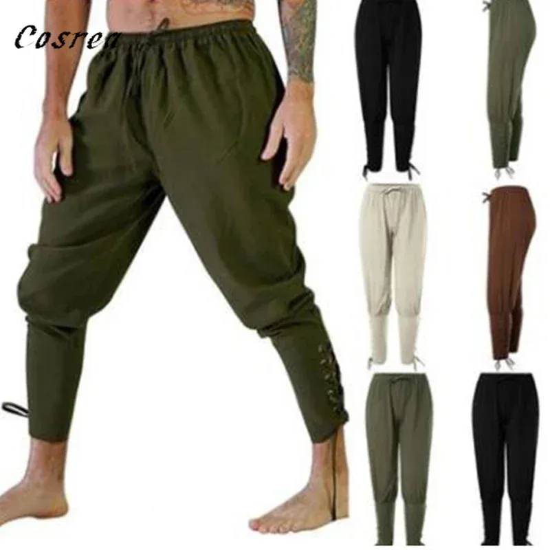 

Medieval Renaissance Trousers Pirate Horseman Costume Men Viking Pants Ankle Banded Lace up Trouser Linen Outfit Halloween Pants