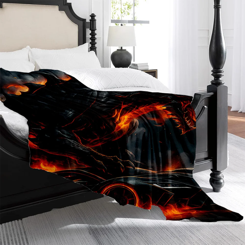 1pc, Epic Flame Dragon Printed Fleece Blanket, High Weight Fleece Blanket, Skin-Friendly Warm Blanket | a Must-Have Item for Aut