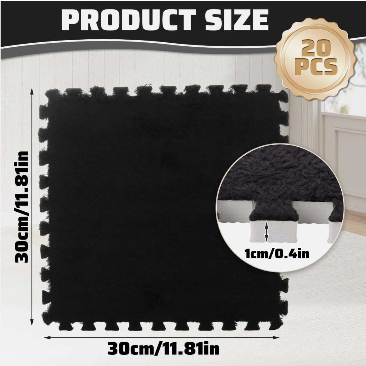 20Pcs Plush Crawling Mat, 30x30cm Carpet Puzzle Floor 30x30x1cm, Black