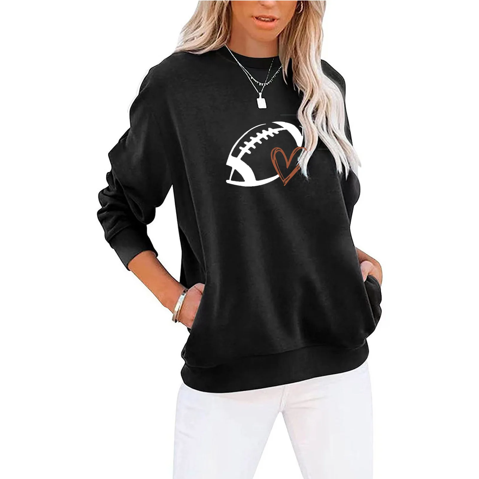 Casual Sports Hoodie Women's Fashion Bowling Heart Print Hooded Autumn Winter Sweatshirt Long-sleeved Round Neck Pullover Women